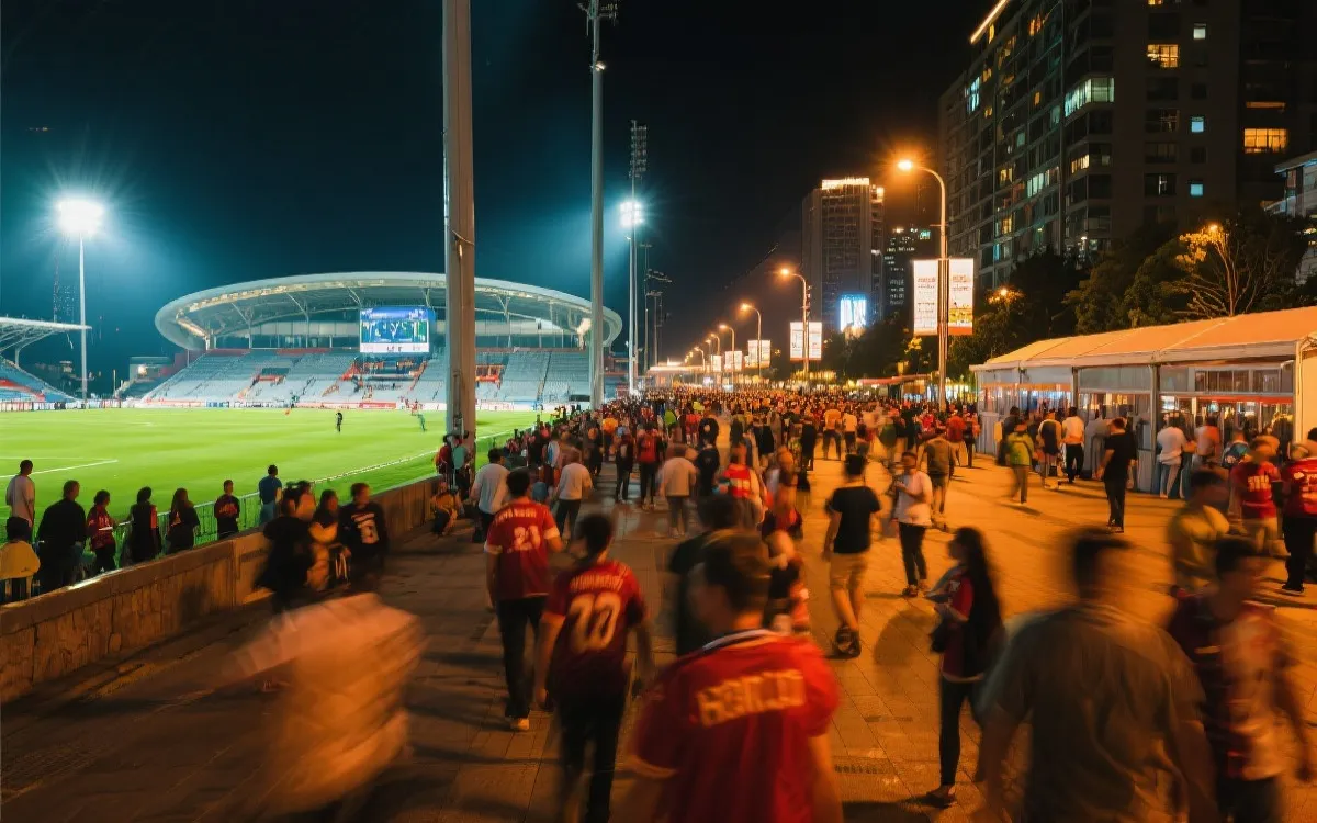 比赛日球场外的城市夜景与球迷街区氛围，体现世界杯对城市经济与公共空间的带动