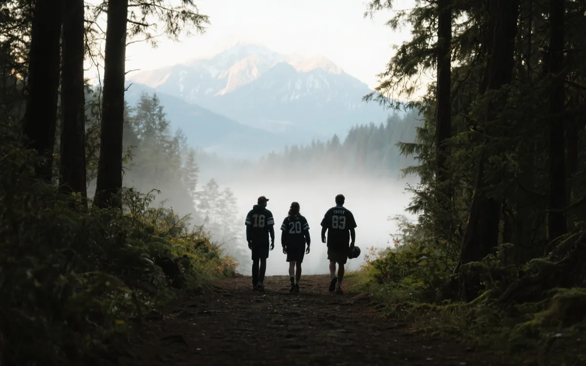 太平洋西北森林与远山、阴天柔光下的步道与球迷剪影，旅行与体育融合
