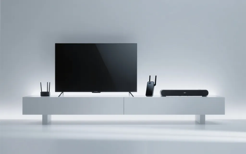 电视、手机与路由器组成的观赛设备搭配示意，简洁科技风